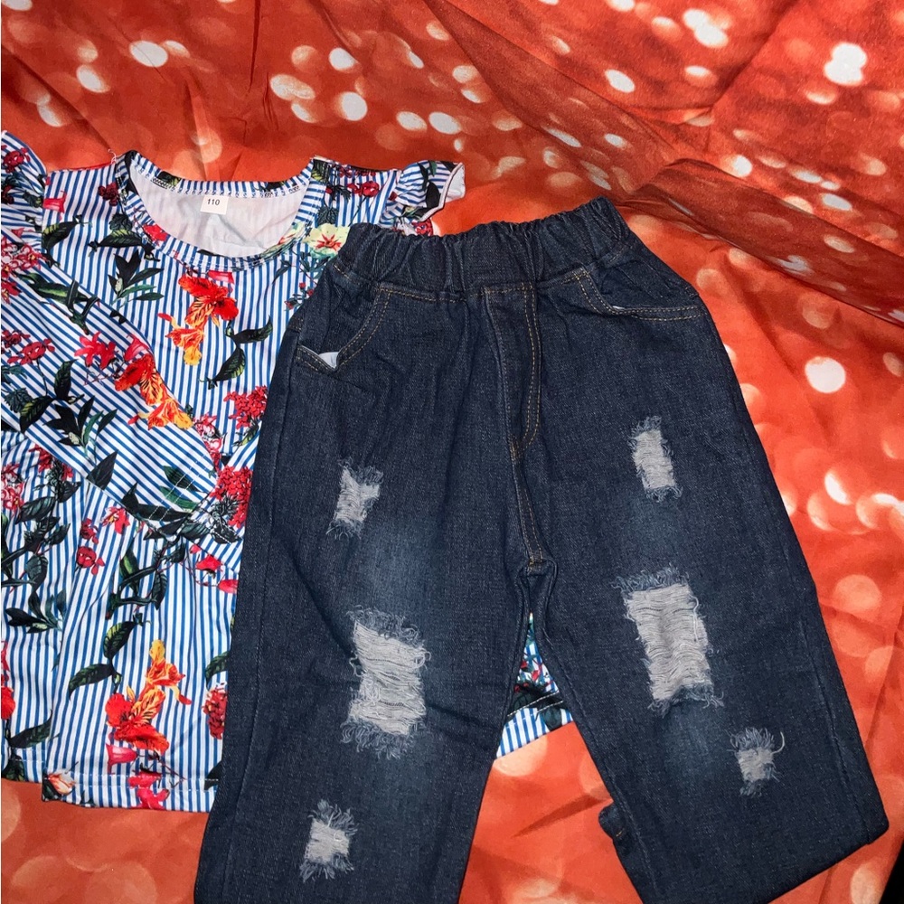 Long sleeves floral top +distressed jeans set, for toddler girl 3-4T, brand new! - Picture 1 of 5
